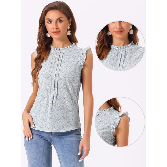 Ruffled Business Office Vintage Sleeveless Work Blouses Top Light Blue-Floral - Picture 2 of 6